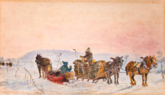 A Horse-Drawn Sleigh and Woodman with his Sleigh Meeting on a Track - Evening