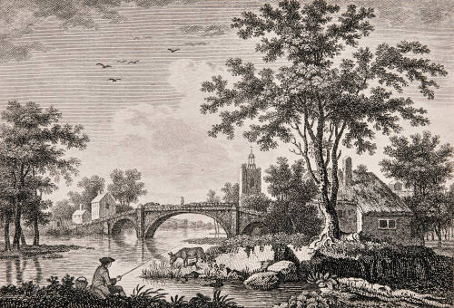 Man Fishing by a Bridge Over a River