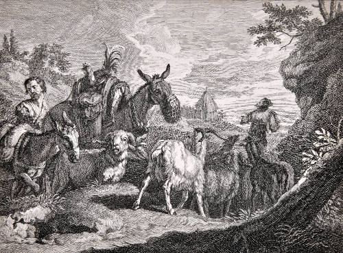 Two Herdsmen with Saddled Mule, Donkey, Sheep and Goats