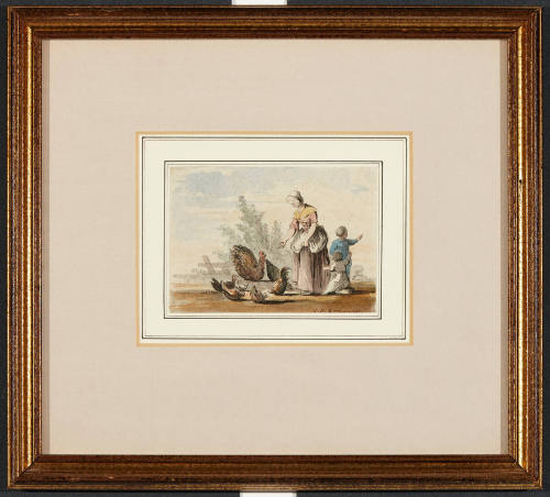 A Farmer's Wife with Two Children Feeding the Chickens