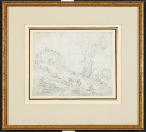 A Scene with Riders, Houses, Trees and a Castle on a Hill