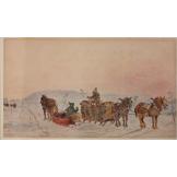 A Horse-Drawn Sleigh and Woodman with his Sleigh Meeting on a Track - Evening