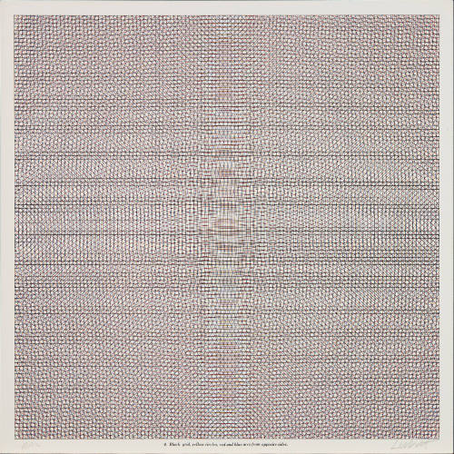 Black grid, yellow circles, red and blue arcs from opposite sides.