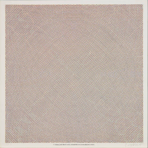 Yellow grid, black circles, red and blue arcs from adjacent corners.