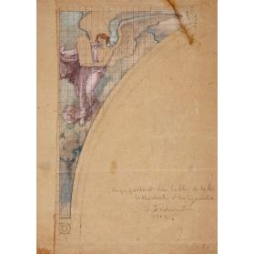 Sketch for Mural; an Angel holding tablet within a spandrel and Antigonish Cathedral drawing